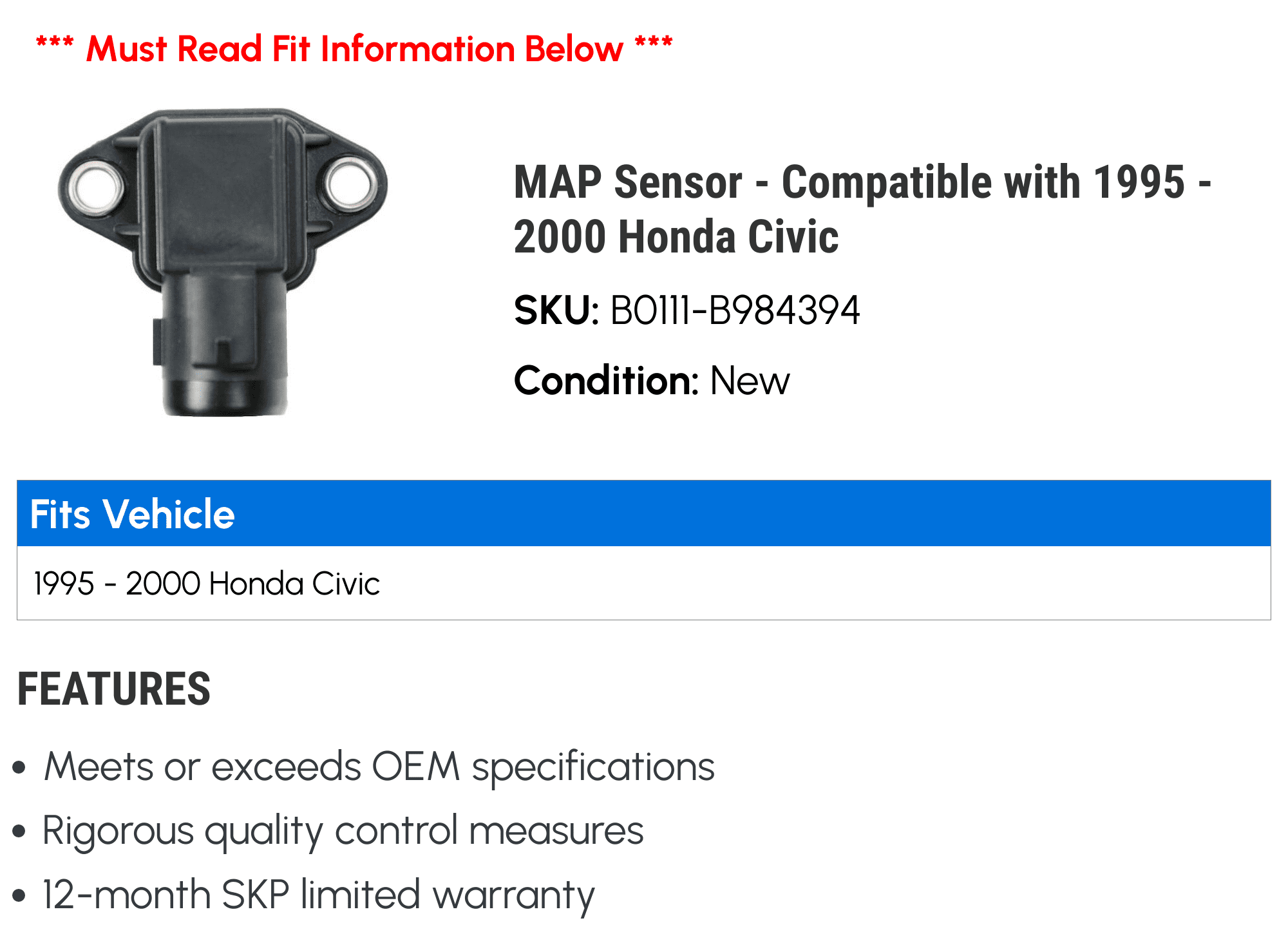 MAP Sensor - Compatible with 1995 - 2000 Honda Civic 1996 1997 1998 1999