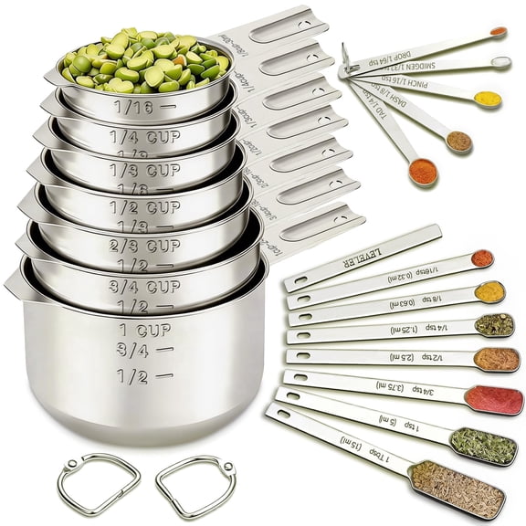Yilush Cups and Spoons Set, 7 Stainless Steel Nesting Measuring Cups & 7 Spoons, 5 Mini Measuring Spoons &1 Leveler, Kitchen Gadgets for Cooking & Baking, Squar