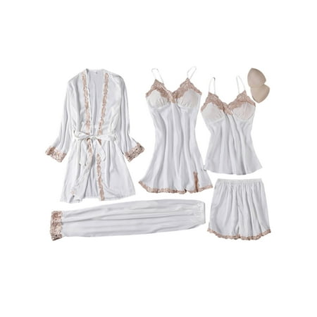 KVMeteor Women 5 Pcs Pajamas Set Silk Satin Imitation Sleeveless Lingerie Robe Lace Trim Sleepwear Set