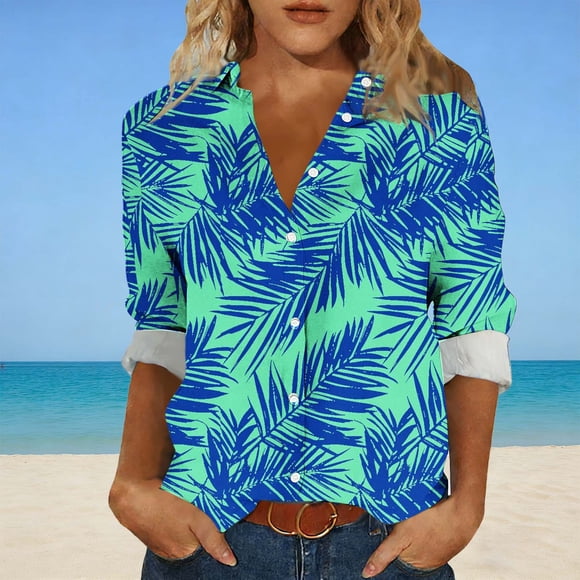 Roncen Women's Hawaiian Shirts Long Sleeve Button Down Soft Cool Floral Tropic Print Casual Blouse Tops