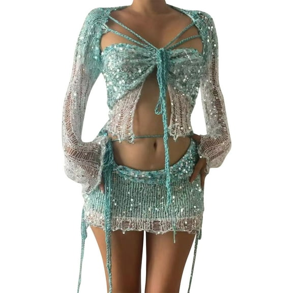 Generic Women's Y2K Dress Sequin Crochet Dress 2 Piece Dress Crop Top Knitted Sparkle Mini Dress Sets
