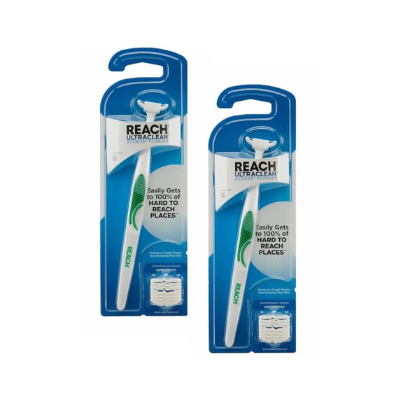Reach Ultraclean Access Flosser with 8 Unflavored Dental Flosser Heads (Pack of 2)