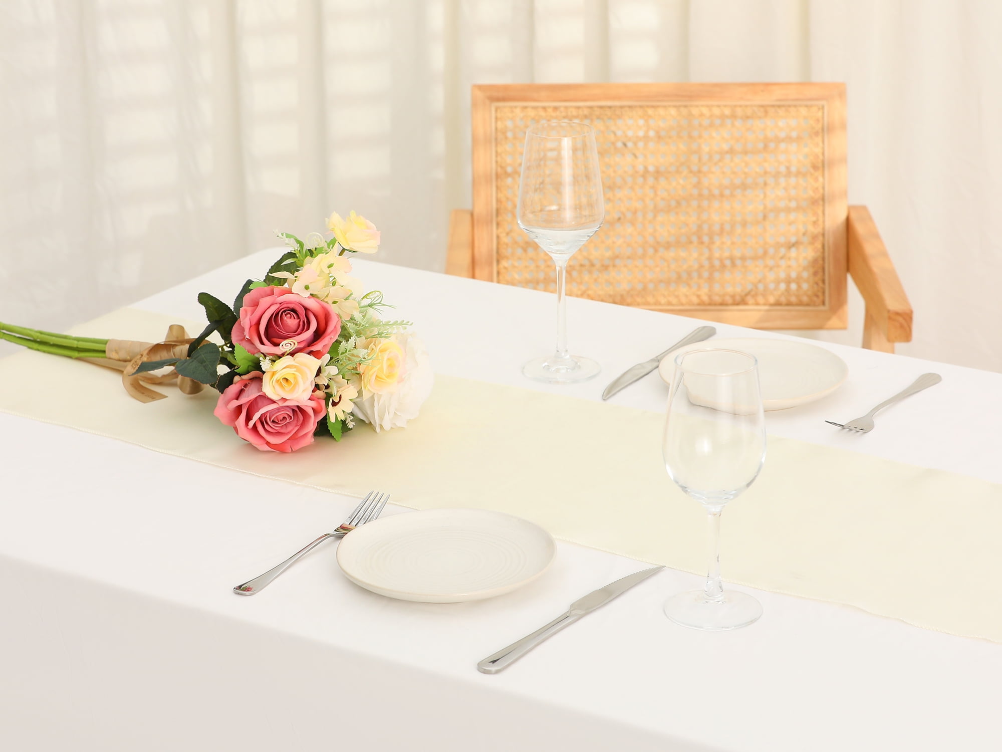 Unique Bargains Satin Silk Polyester Table Runners for Wedding Parties (10 Count) Beige 12"x108"
