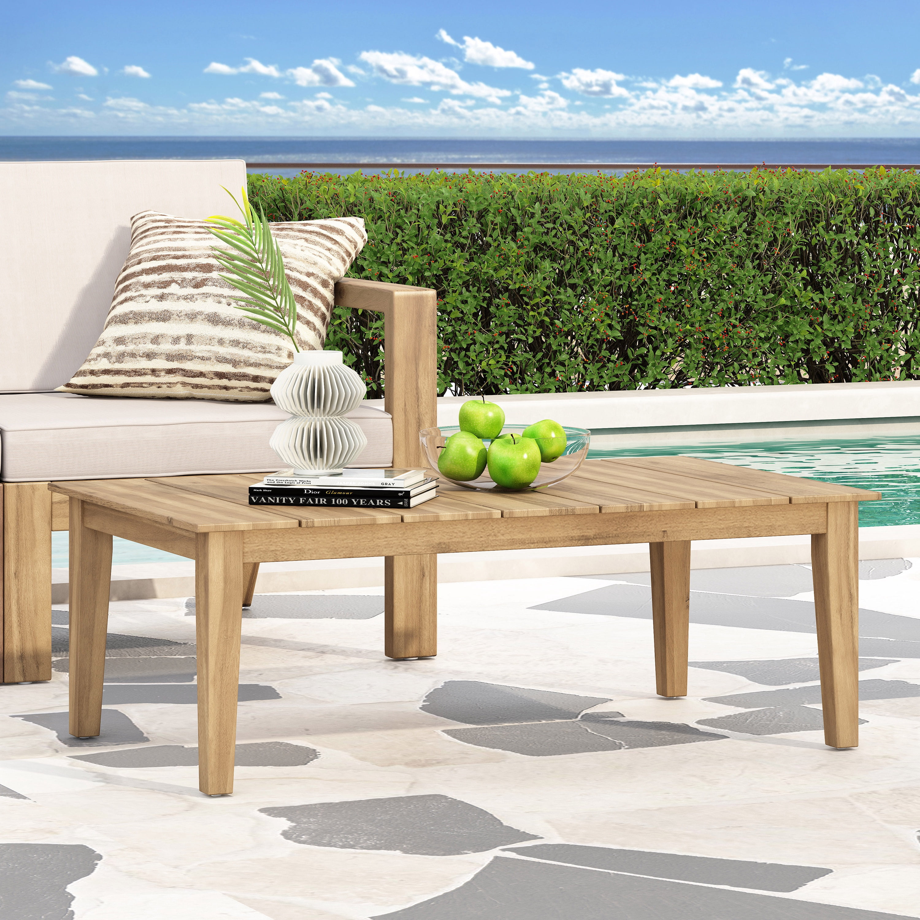 39.5-Inch Acacia Wood Outdoor Coffee Table with Slatted Top and Tapered Legs, Rustic Patio Table for Backyard, Light Brown