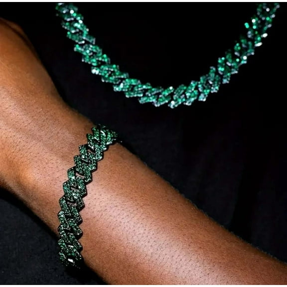 Fully Iced Gun Black Rhodium Plated Green CZ Cuban Link Men Women 51cm Necklace