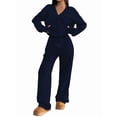 thumbnail image 2 of Two Piece Lounge Sets for Women Oversized Button Up Cardigan Wide Leg Pants Matching Loungewear Y2K Clothes Navy Blue M, 2 of 9