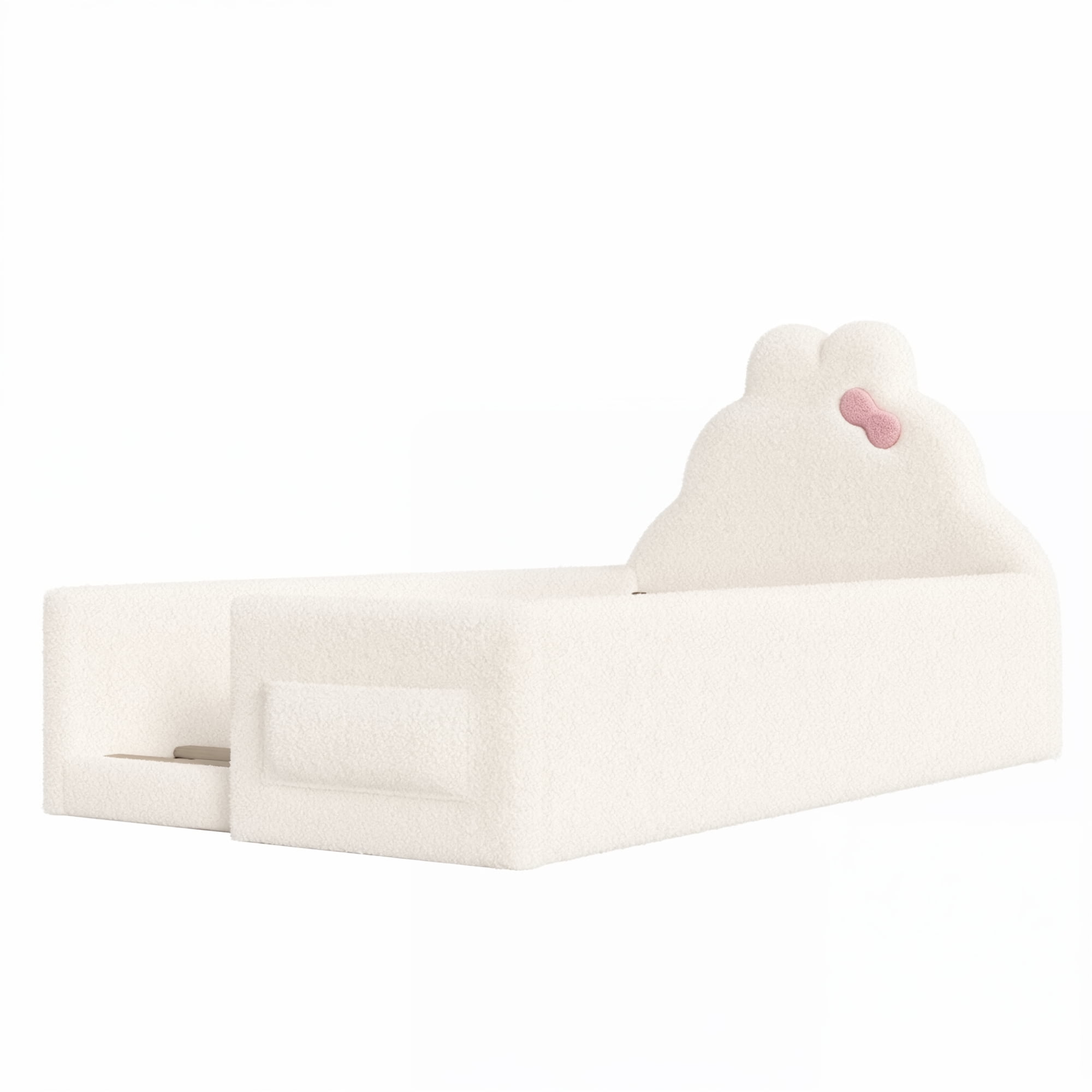 HOQBN Twin Size Upholstered Floor Bed Frame, Soft Padded Upholstered Kids Bed, Safe Children Bed Frame with Side Storage Pocket for Bedroom Beige