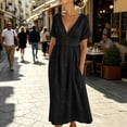 thumbnail image 4 of Asgosdo Women Dresses Summer V Neck Short Sleeve Pleated Botton Casual Going Out Maxi Dress with Pockets, 4 of 5