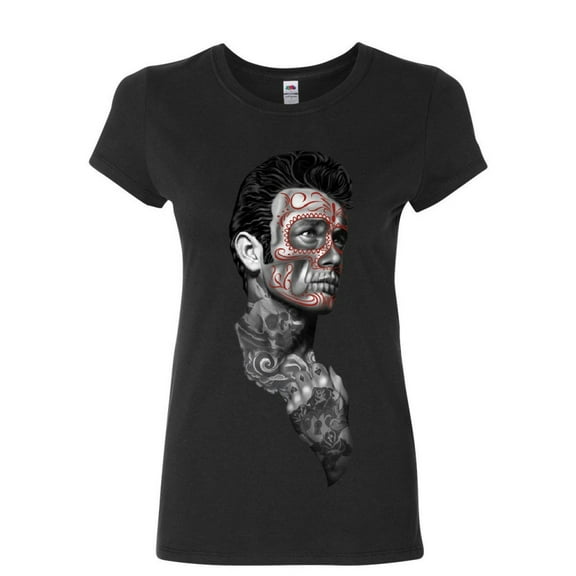 Tee Hunt Tattoed Face Guy Cotton T-Shirt Day of The Dead Calavera