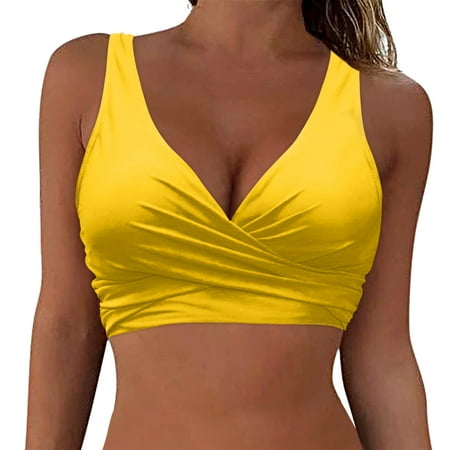 Akiihool Womens V Neck Bikini Tops Twist Front Bathing Suit Tops Criss Cross Back Swim Top Padded (Yellow S)