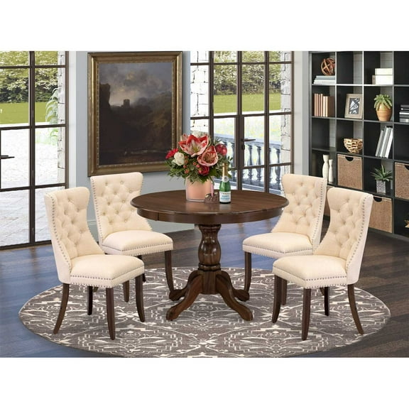 Modern 5 Piece Dinette Set - Round Kitchen Table with 4 Dining Chairs - Walnut Finish