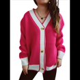 thumbnail image 3 of Suéter de Punto Acanalado con Cuello en V Extragrande y Botones en Contraste para Mujer Rosa Roja M, 3 of 10