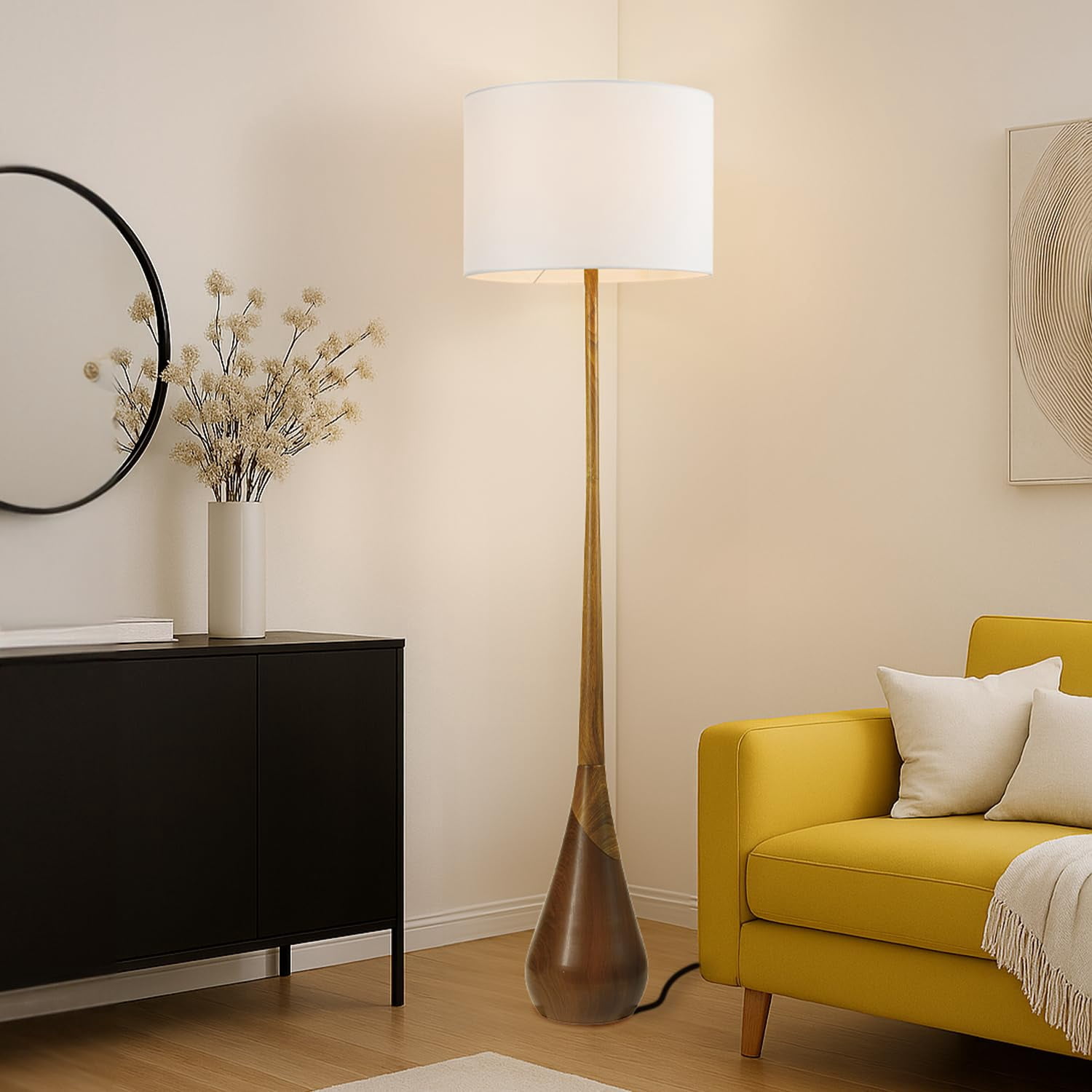 Novogratz X Harrington 65" Floor Lamp  2-tone Faux Wood Base White Fabric Shade Socket Rotary 67225