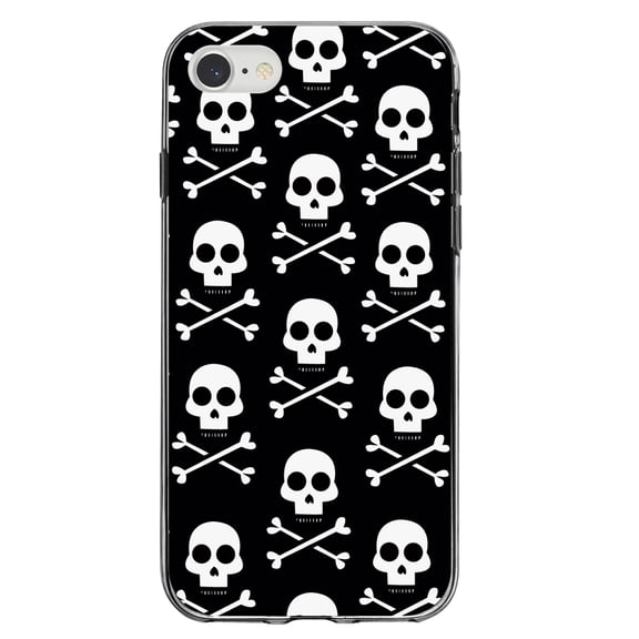 DistinctInk Clear Shockproof Hybrid Case for iPhone 7 8 SE (2020 Model) 4.7" Screen TPU Bumper Acrylic Back Tempered Glass Screen Protector - Black White Skulls Pattern