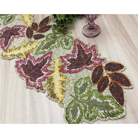 Handmade table runner, maple leaf bead and embroidery runner, 13x36inch