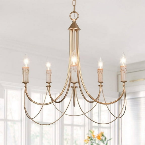 LNC 5-Light 1-Tier French Country Metal Matte Gold Hardwired Candle Chandelier