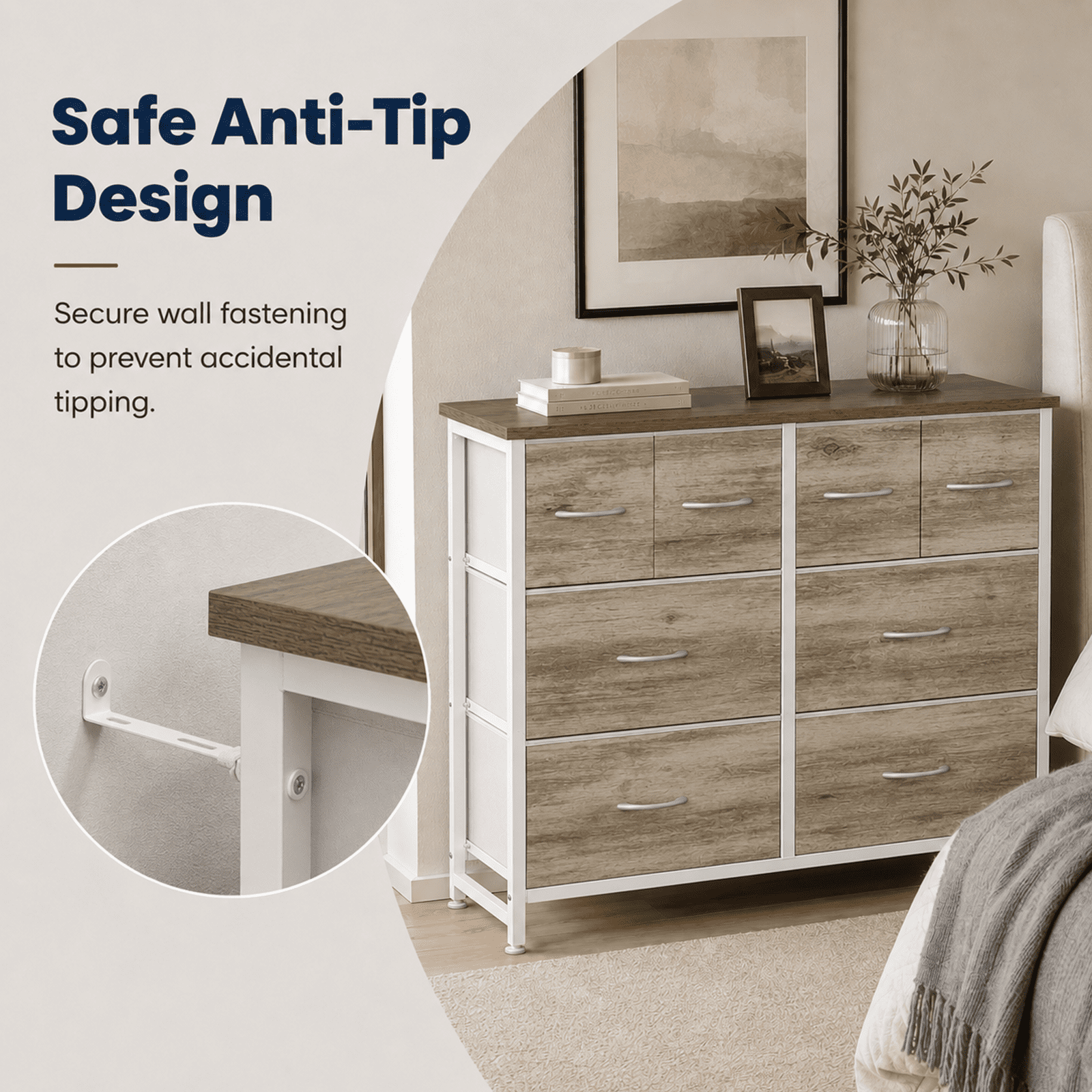 Alvantor Dresser for Bedroom with 8 Drawers, Fabric Dressers Storage Tower with Steel Frame Wood Tabletop, Storage Cabinet, Hallway, Closets