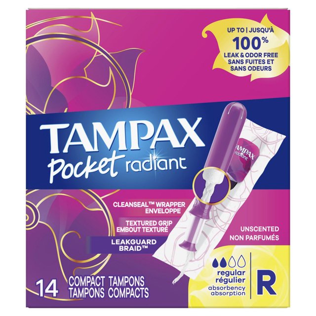 Tampax Compact Radiant Tampons, with LeakGuard Braid & Extendable Applicator, Regular Absorbency, Unscented