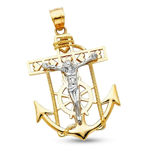 Solid 14k Heart Jesus Cross Anchor Charm Genuine Yellow And White Gold Crucifix Christ Mariner Pendant New 30 mm x 22 mm