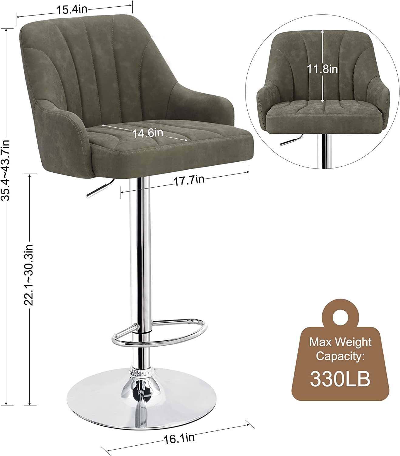VECELO Set of 2 Swivel Bar Stools, Adjustable Counter Height Barstools Faux Leather Chair with Backrest and Armrest, Dark Gray