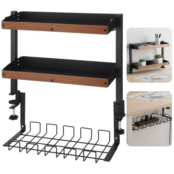 3-Tier Clamp On Desk Shelf, Adjustable Above and Under Desk Storage Organizer Metal Rack, Desktop Shelf with Wood-Grain Finish Shelves & Extension Socket Holder for Home Office Gaming Setup