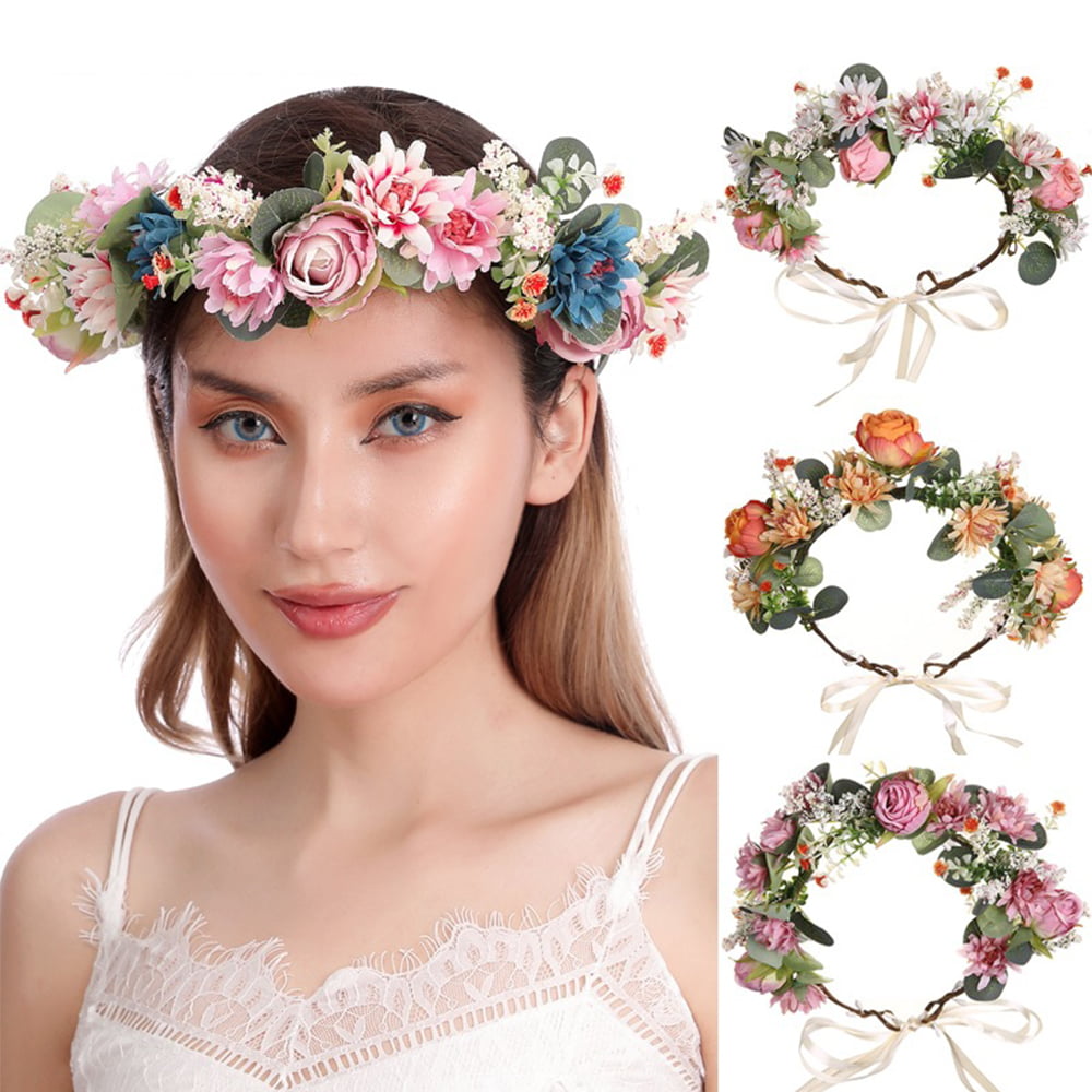 Peach Silk Poly Rose Halo Flower Girl Head Piece Band with Green Leaves 
