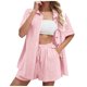 thumbnail image 1 of Conjunto de 2 piezas para mujer con camisa con solapa y pantalones cortos: color liso, traje informal de verano, poliéster, corte ajustado, tallas S-XL, ropa para vacaciones/fiestas, 1 of 8