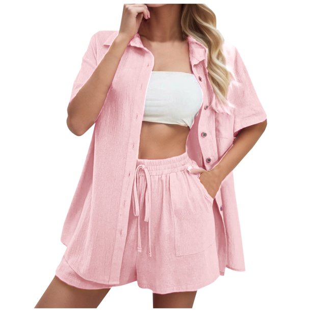 Conjunto de 2 piezas para mujer con camisa con solapa y pantalones cortos: color liso, traje informal de verano, poliéster, corte ajustado, tallas S-XL, ropa para vacaciones/fiestas