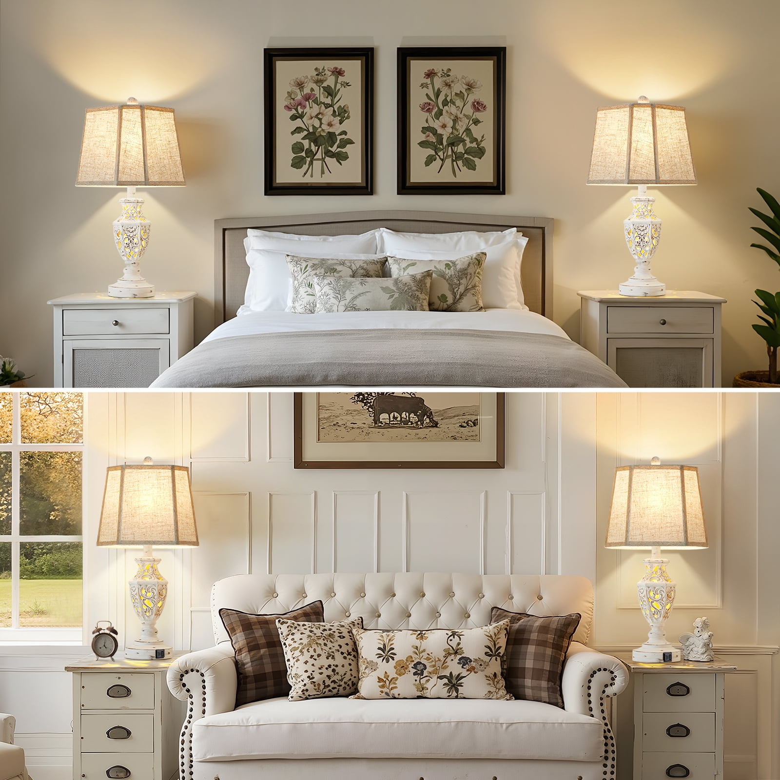 NATYSWAN Table Lamps Set of 2, 23.5"Bedside Lamp with USB A+C and Nightlight, Cream Modern Resin End Lamps for Bedroom Living Room