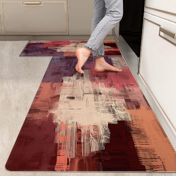 2 Pieces Kitchen Rugs, Abstract Non Slip Burgundy Red Yellow Comfort Art Modern Indoor Floor Mat Runner Rug Set for Laundry Office Sink Bathroom (17"x48" 17"x24")