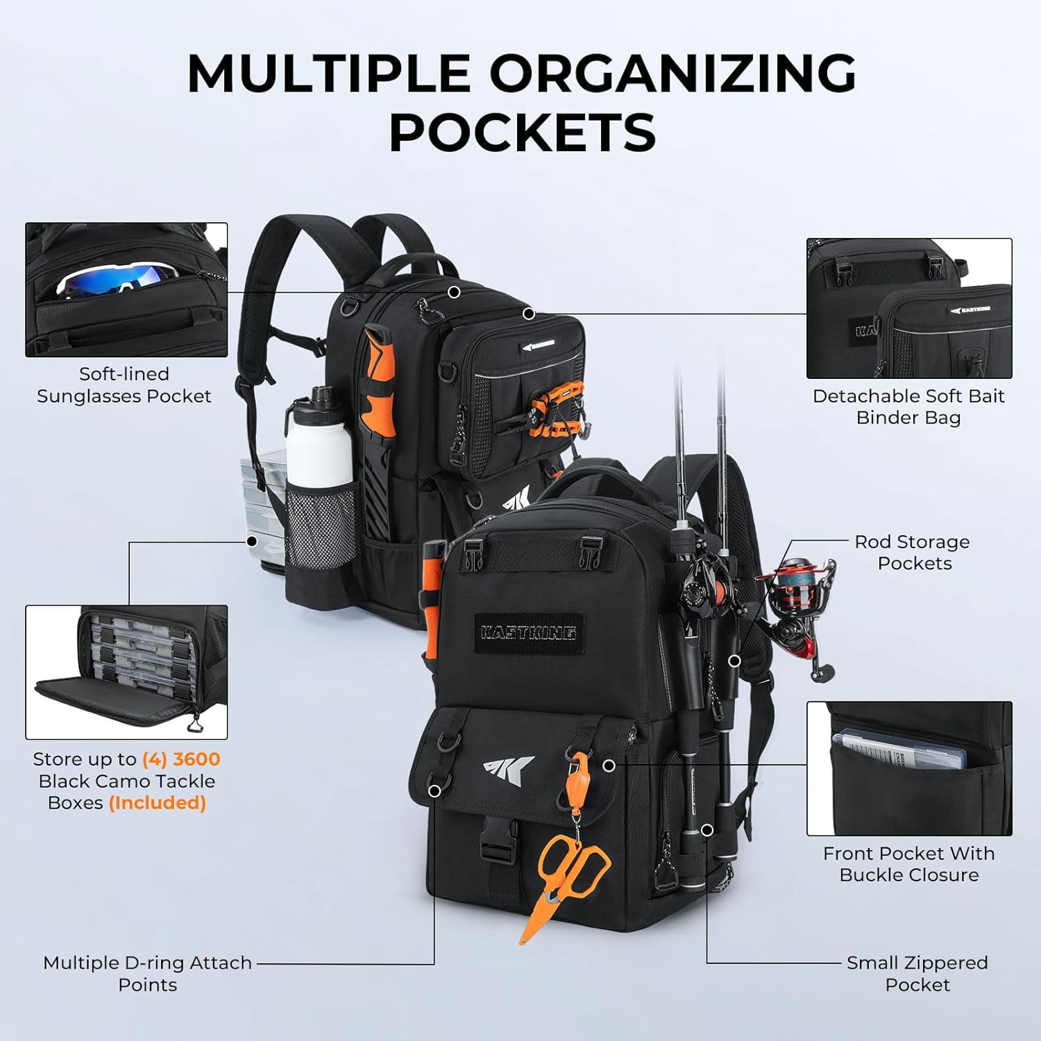 KastKing 50L Fishing Tackle Backpack,2 Rod Holders Storage Fishing Gear and Equipment-BaitSpace