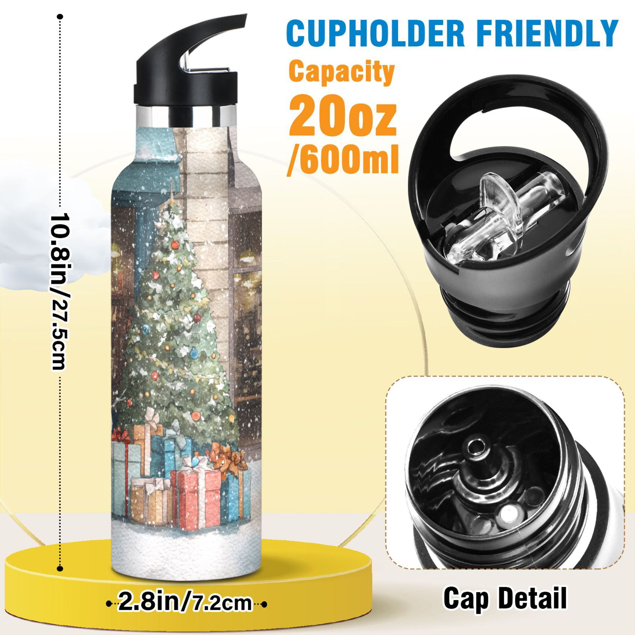 600ML Stainless Steel Insulated Cup Sports Water Bottle Portable Thermos Cup Water Glasses Insulated Tumblers Convenient and Durable Christmas Snow Night
