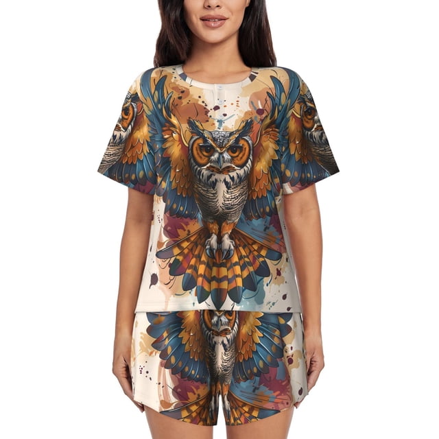 Fotbe Colorful Owl Tattoo Art Conjunto de Pijama Estampado para Mujer, 2 Piezas, Ropa de Dormir con Camiseta de Manga Corta y Shorts Suaves-3X-Large