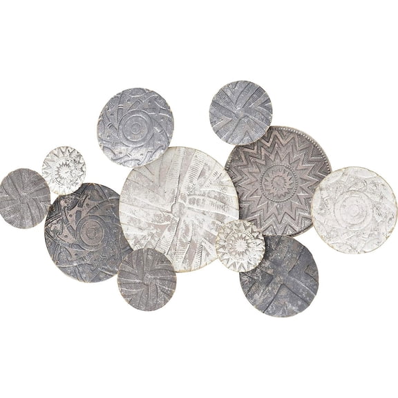 Modernist Floating Roundels, Metal Wall Decor, Gray, White Washed, Embossed Textured Burst and Zig-Zag Pattern Details, Hand Welded and Painted, Distressed, Iron, 43.25 W x 23.5 H Inches