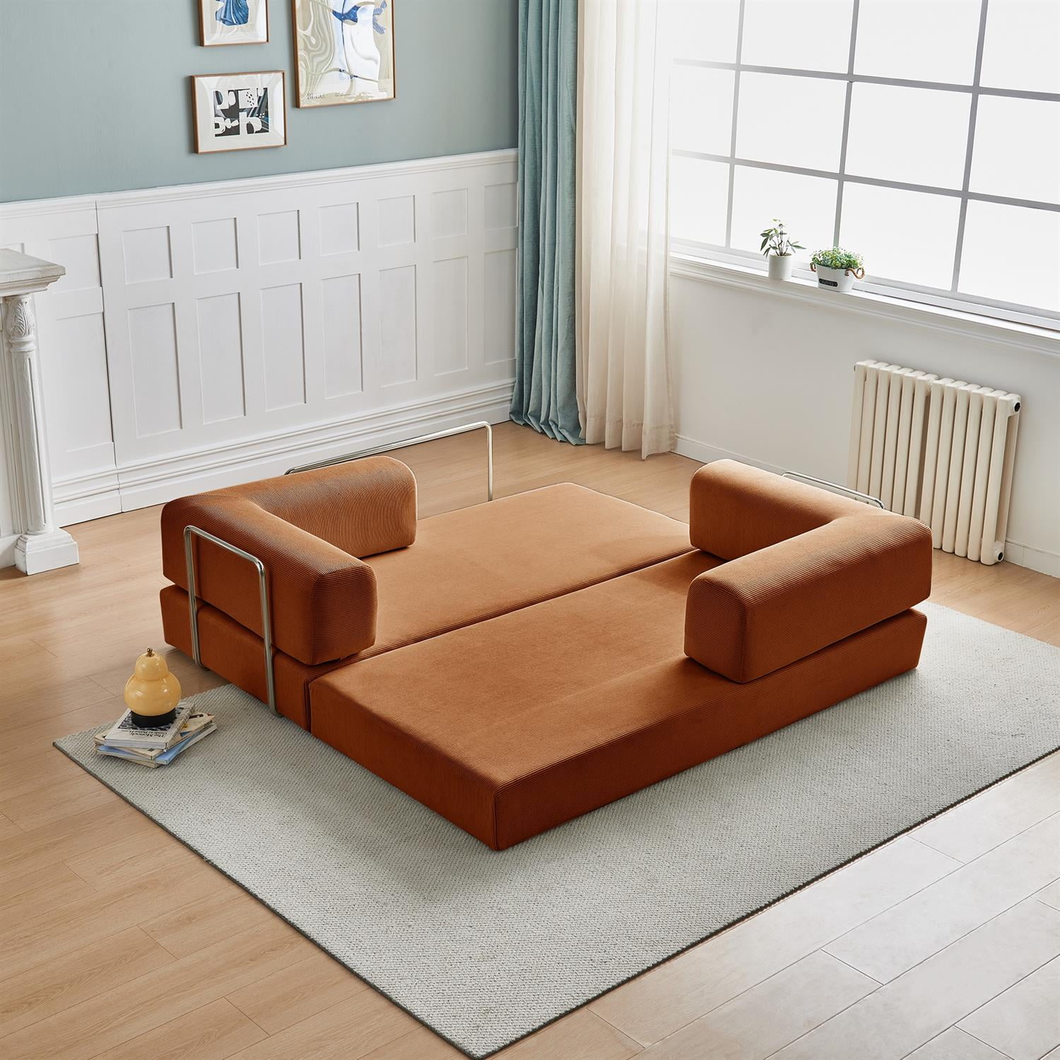 Demi Bonn 74" Ergonomic 3-Seater Corduroy Sofa Bed for Small Spaces, Apartments, Easy Assembly, Modern Couch Furniture for Living Rooms, Orange