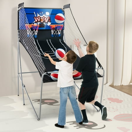 Costway - Dual Shot Basketball Arcade Game with 8 Game Modes Electronic Scoring - Blue