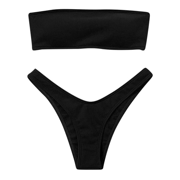 JFGHDG Women's Strapless Low Waisted Ribbed Bikini Set Two Piece Swimsuit Black L