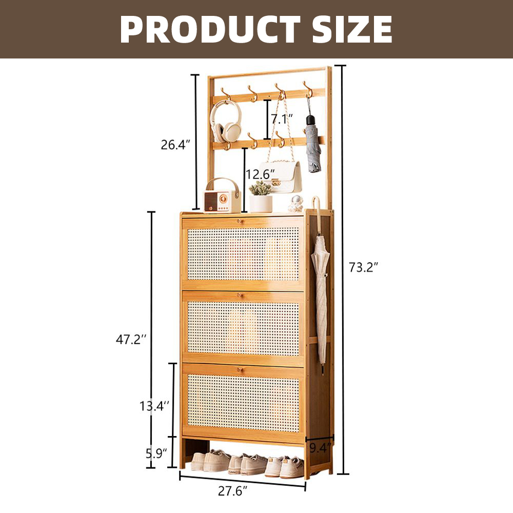 WGYPRIME Shoe Cabinet with 3 Rattan Flip Drawers, Farmhouse Style Bamboo Shoe Storage Cabinet with Coat Hooks, Freestanding Shoe Rack Organizer for Entryway, Hallway, Closet, Living Room