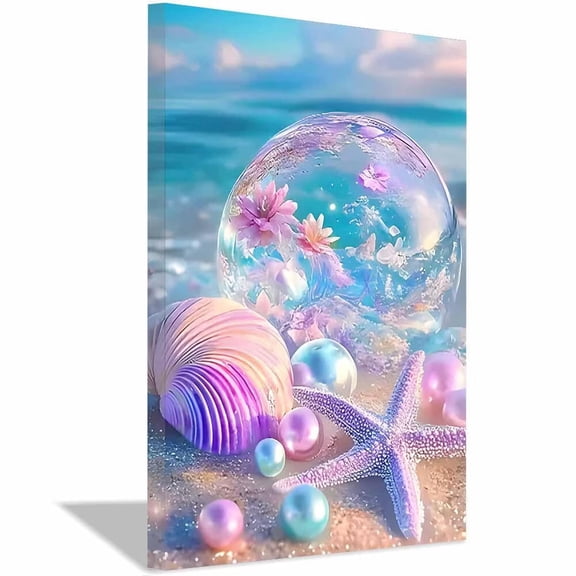 Pastel Beach Seashell Starfish Canvas Wall Art,Floral Crystal Ball Prints Painting,Boho Aesthetic Decor for Living Room Bedroom Bathroom Home Decor,Framed Ready to Hang-12"L x 8"W