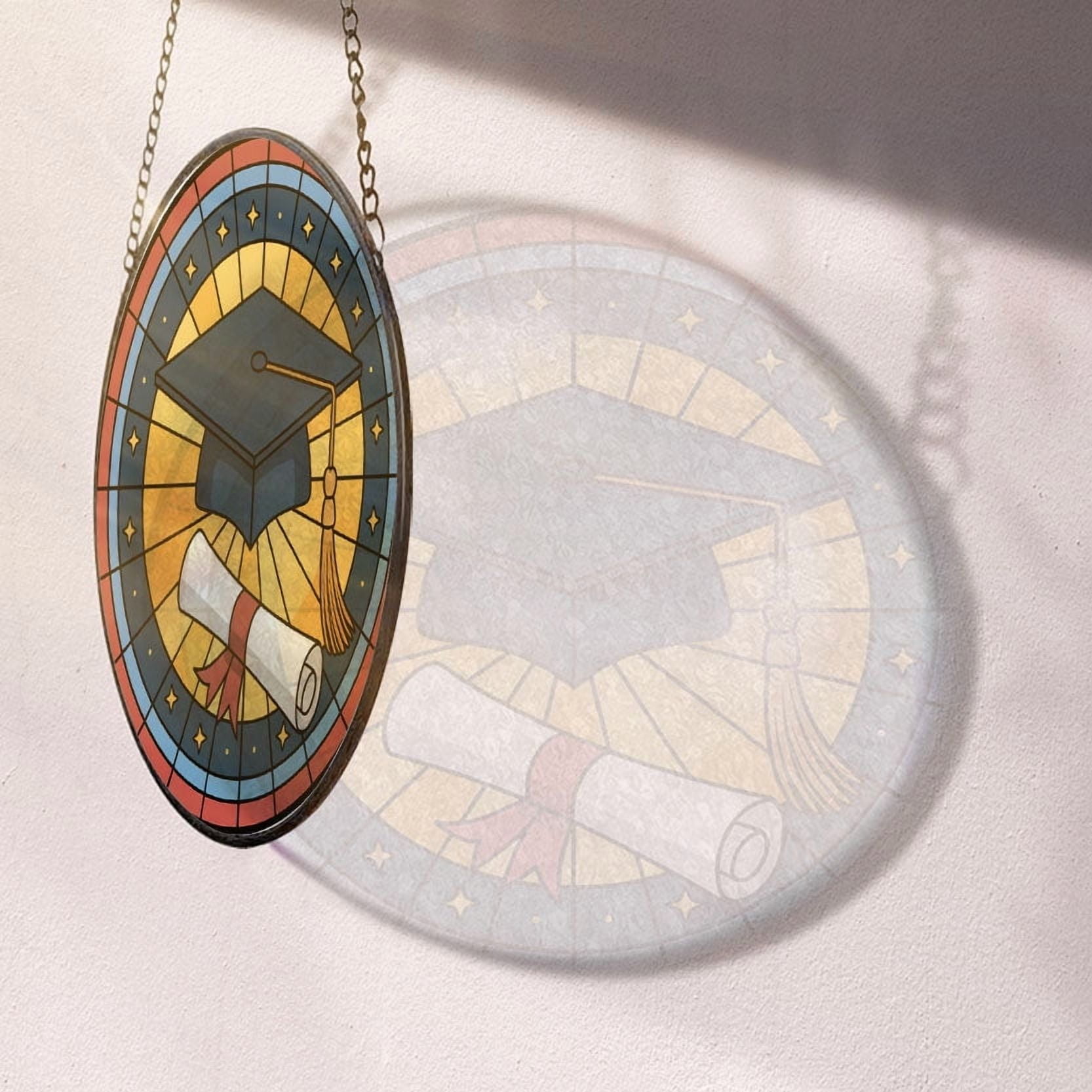 A Graduation Cap and Diploma Stained Glass Suncatcher Window Hanging – Holiday Window Hanging Gift with Custom Text for Family, Friends, Man & Woman, Christmas 2025 Tree Keepsake