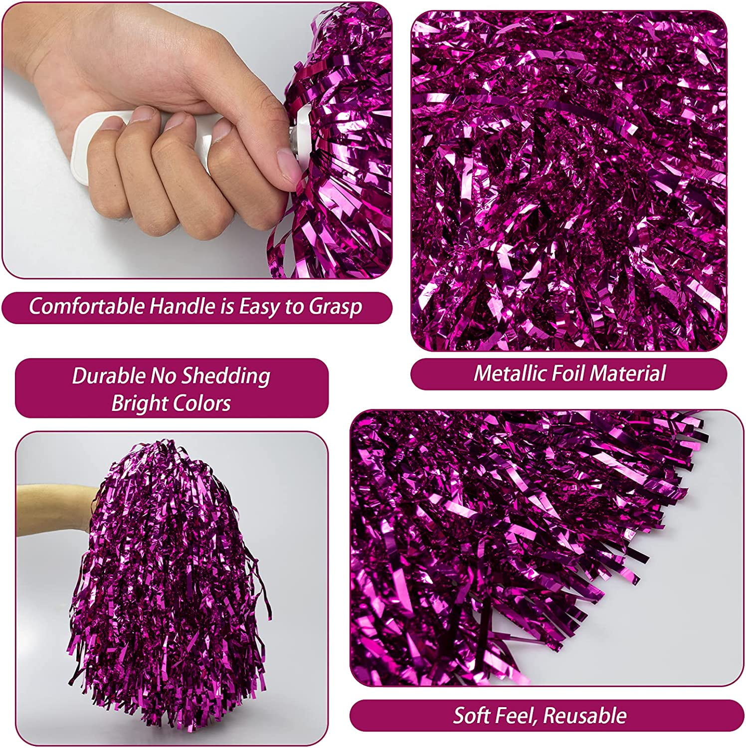 LINLIN 12Pcs Metallic Cheerleading Pom Poms with Cozy Handle, Adorable Cheerleader Pompoms Hand Flowers for Kids Adults Ball Dance Sports Team Spirit Cheering Fancy Dress Night Party