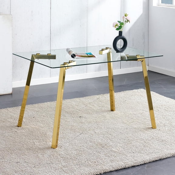 SUDICA 51" Glass Dining Table, Clear Tempered Glass Top with Gold Metal Legs, Modern Rectangular Table for Kitchen and Dining Room