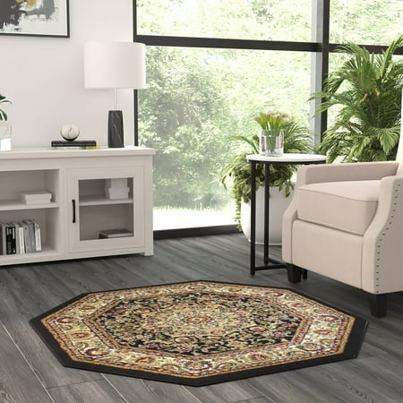Masada Rugs Traditional Octagon Area Rug Black Bellagio 401 (4 Feet X 4 Feet) Octagon