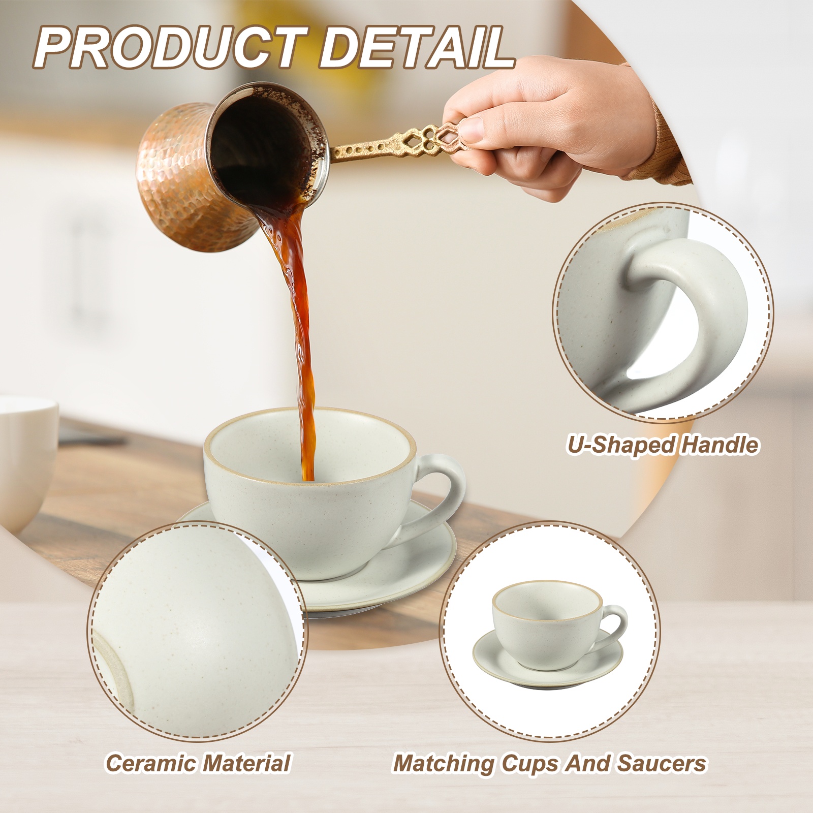 Uxcell Handmade Vintage Espresso Cups, 9.5 oz Coffee Cups and Saucers Ceramic Tea Cup with Handle Dishwasher and Microwave Safe for Latte Cappuccino Milk Office Home Gifts, Morandi White