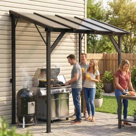 Hardtop Grill Gazebo 96.5x58.3x96.1 Inch Dark Gray PC Roof UPF50  Sun Protection Galvanized Steel Frame with Expansion Screws & Ground Stakes