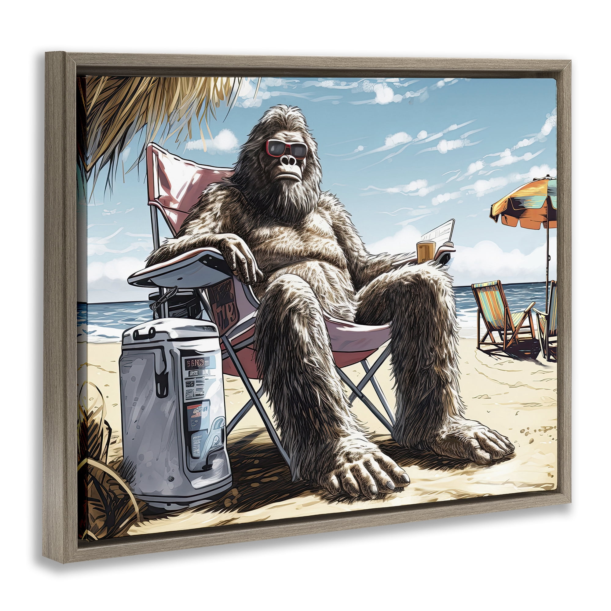 Stupell Industries Big Monster on Beach Fairy Tales & Fantasy Painting Brown Floater Framed Canvas Art Print Wall Art, 31 x 25