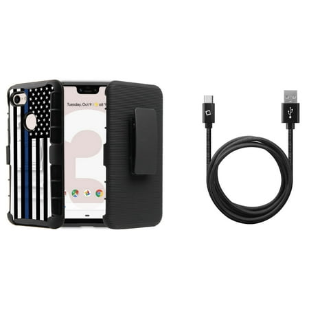BC Rugged Series Compatible with Google Pixel 3 XL Case Bundle with Heavy Duty Armor Cover with Belt Clip Holster (Thin Blue Line USA Flag), Heavy Duty Nylon Braided Type-C USB Cable (10 (Best Braided Line For Casting)