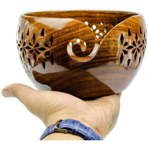 Nagina International Rosewood Crafted Wooden Yarn Storage Bowl With Carved Holes & Drills | Knitting Crochet Accessories (Medium)