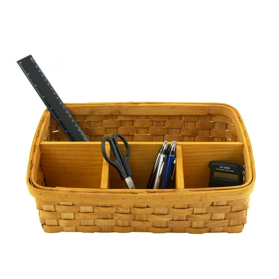 Wicker Divided Desk Organizer Caddy with Calculator, Scissors, Pens, Ruler Set