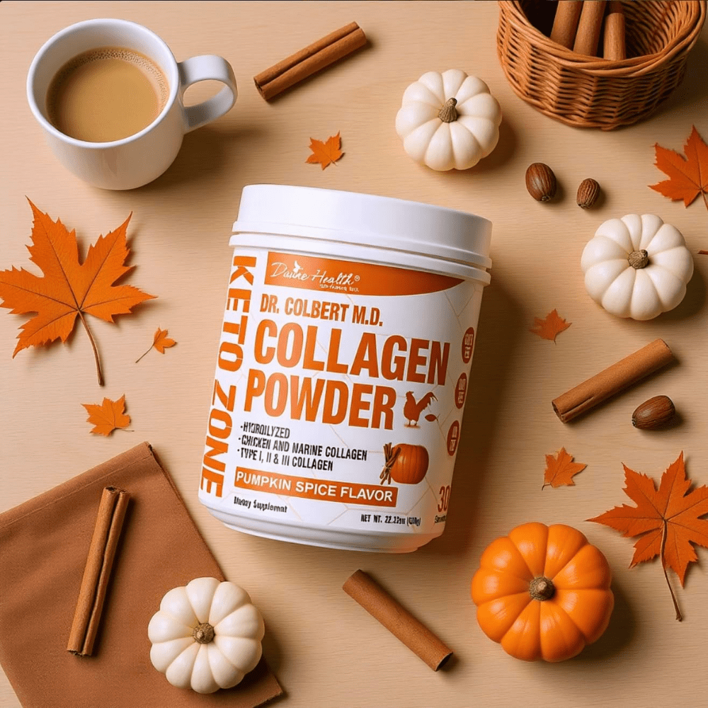 Dr. Colbert MD Hydrolyzed Collagen Powder | Pumpkin Spice | Divine Health | Type I, II, III Chicken & Marine | Hair, Skin & Nails | Recommended in Keto Zone | 630g | 30 Servings